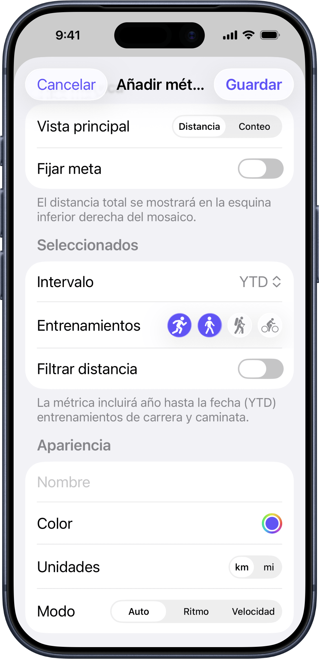 Pantalla de configuración para agregar una métrica