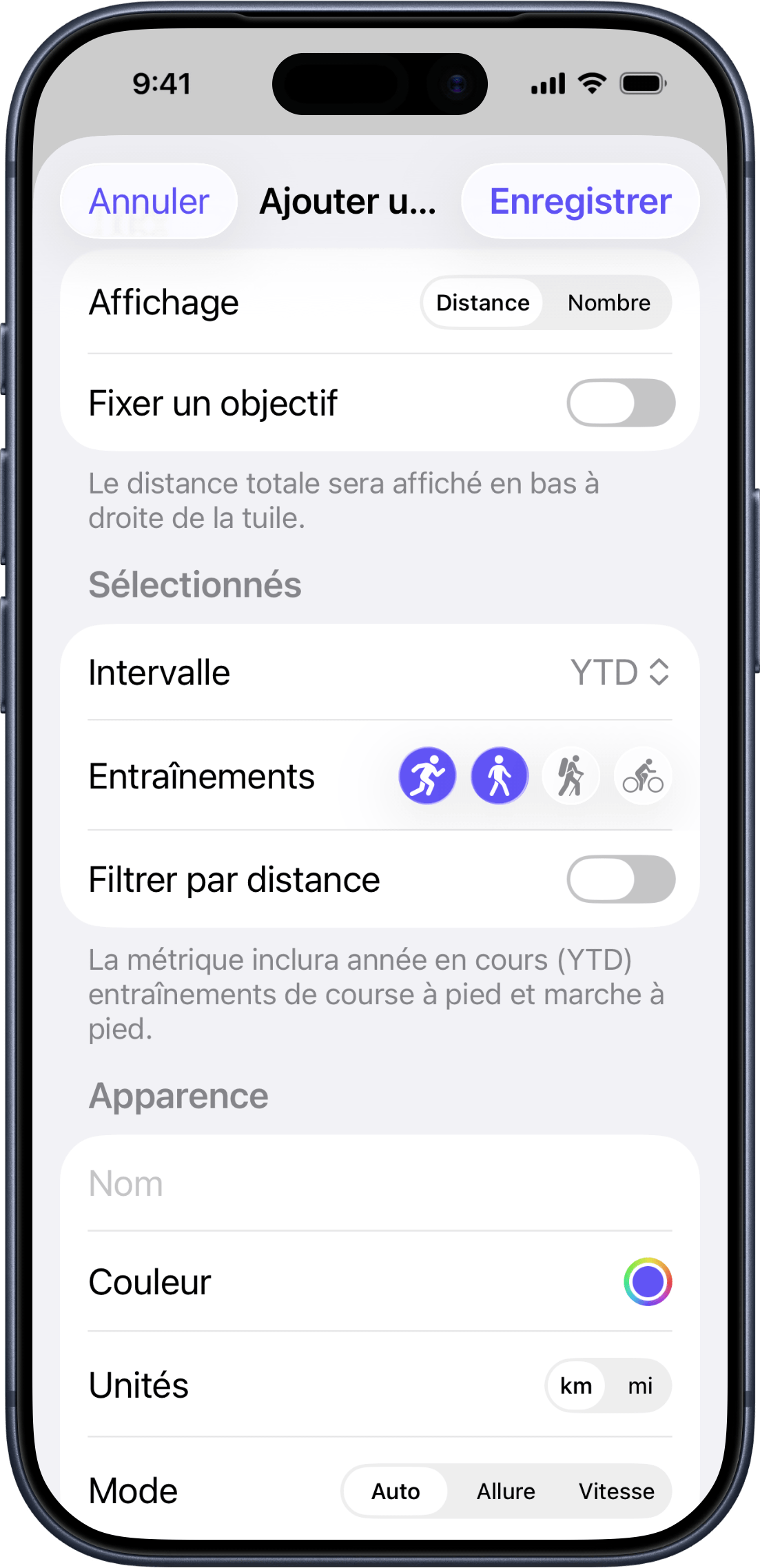 Écran de configuration pour ajouter une statistique