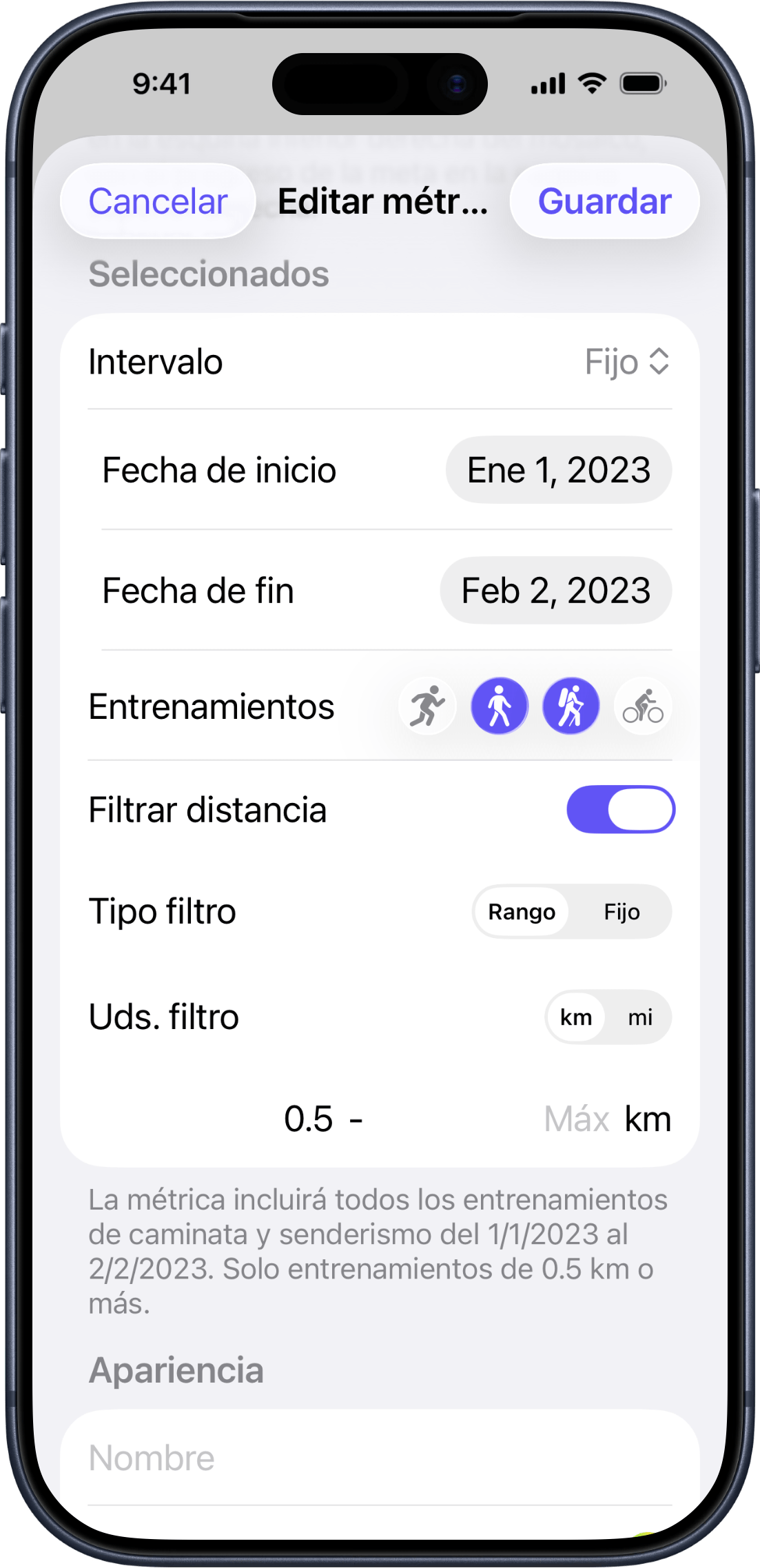 Configuración de filtro de distancia mostrando los modos de rango y fijo