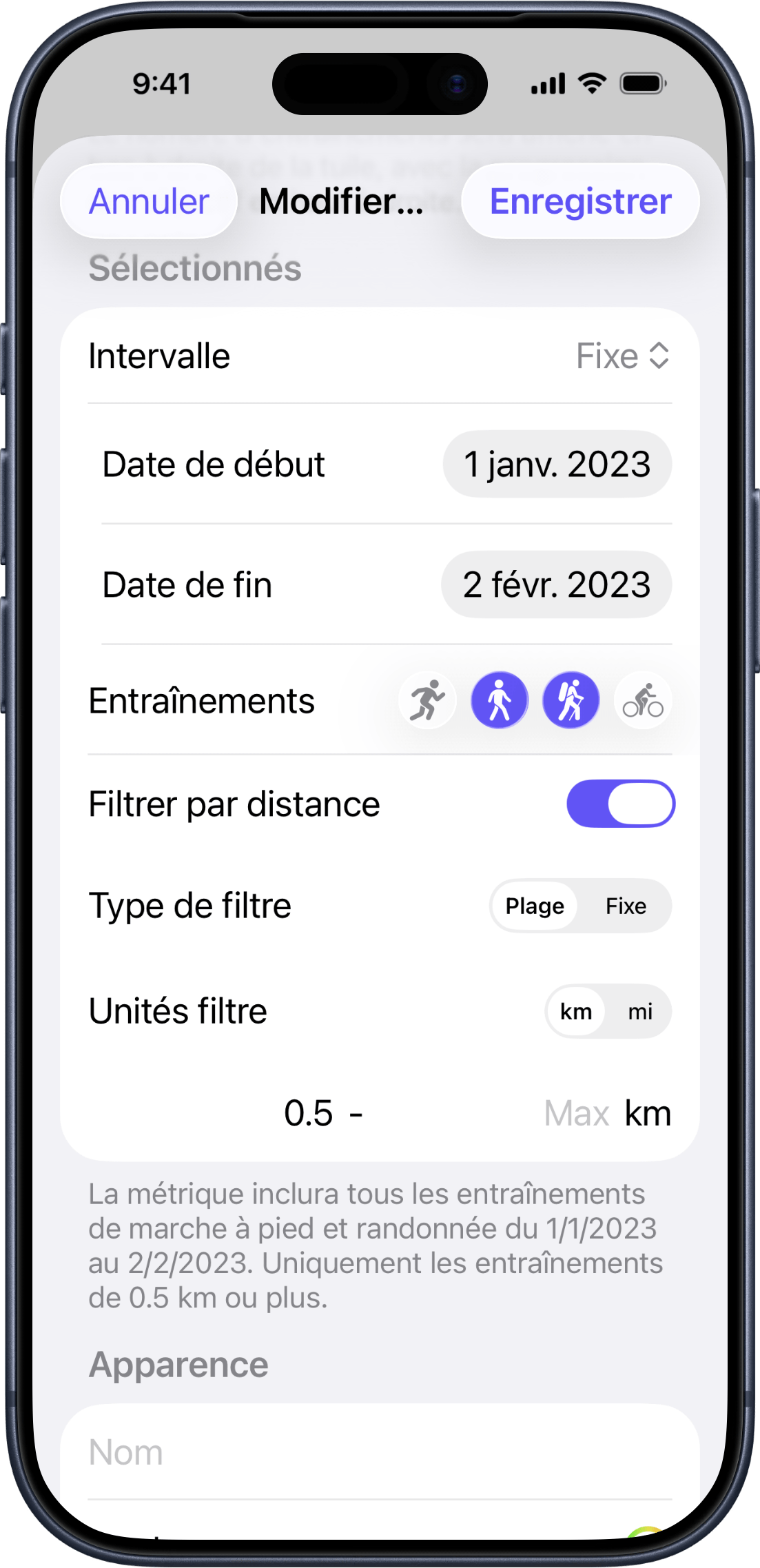 Configuration du filtre de distance montrant les modes plage et fixe