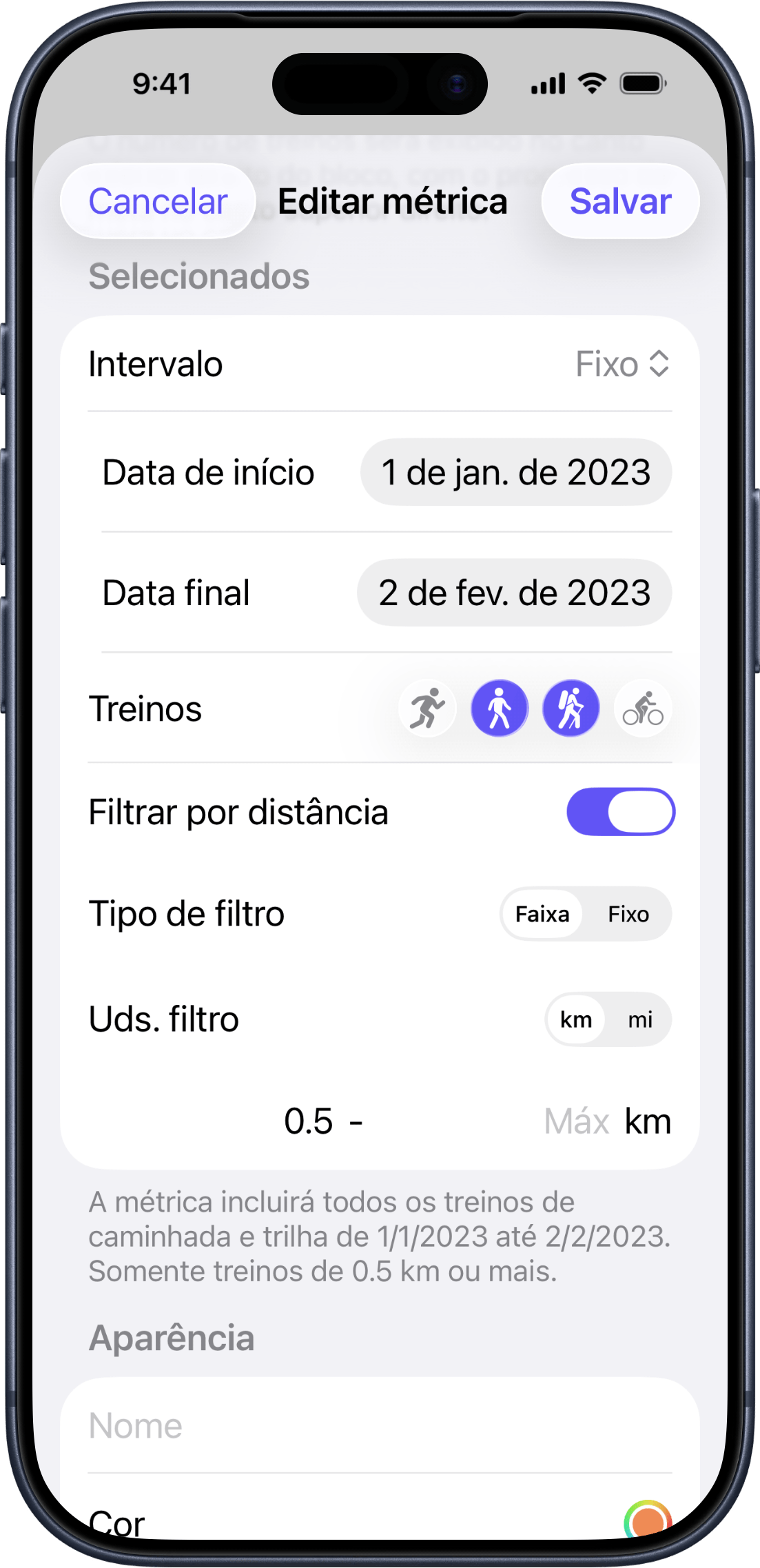 Configuração do filtro de distância mostrando os modos de intervalo e fixo