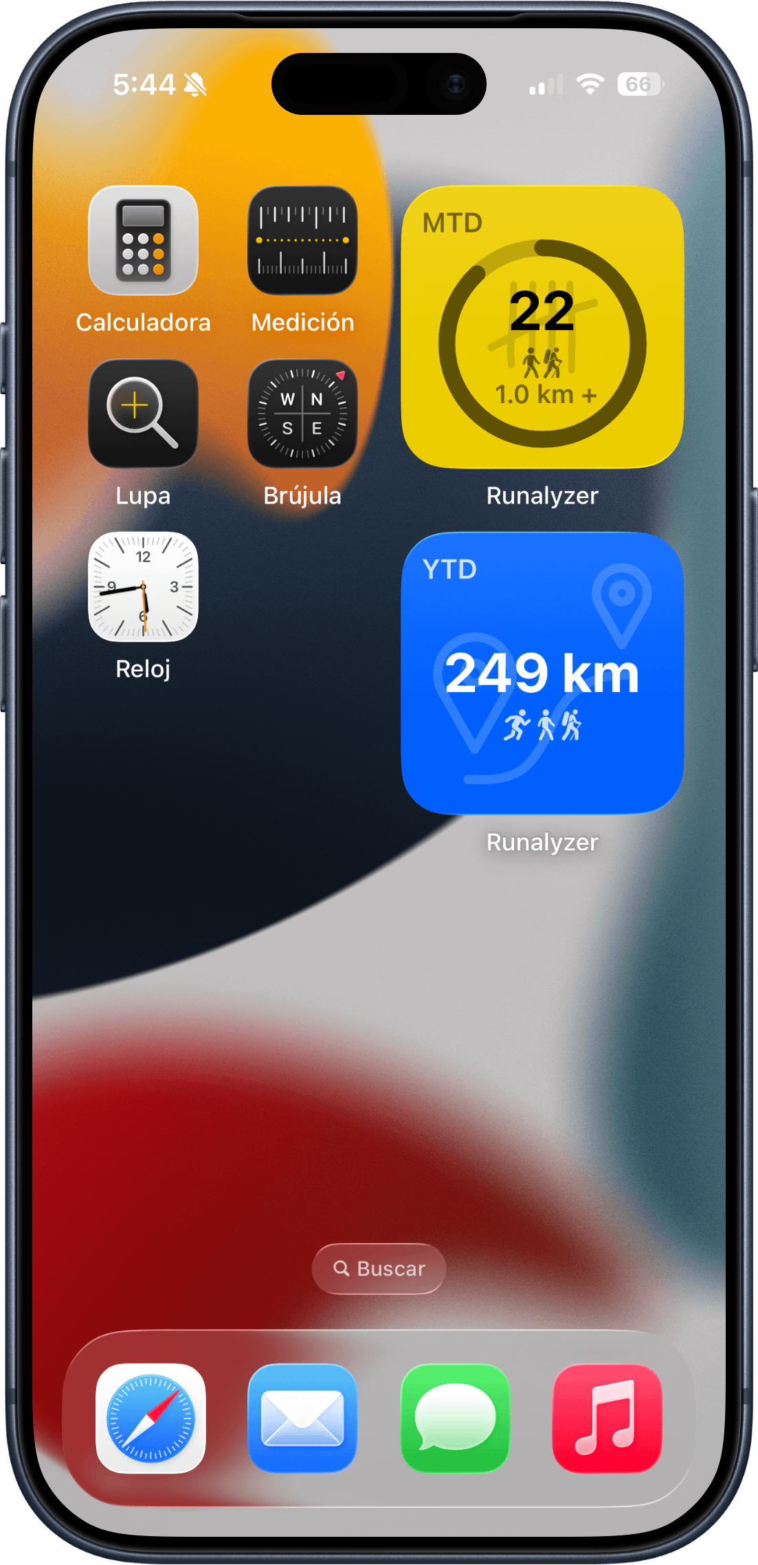 Widget de Runalyzer en la pantalla de inicio del iPhone mostrando el valor de la métrica y el progreso hacia la meta