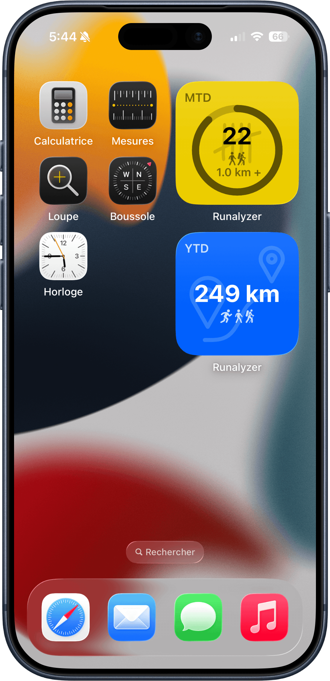 Widget Runalyzer sur l'écran d'accueil de l'iPhone affichant la valeur de la statistique et la progression vers l'objectif